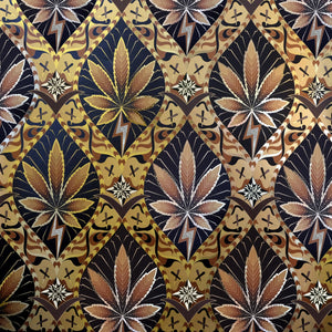 High Style High Baller is a gothic revival inspired cannabis marijuana grass weed themed repeat pattern wallpaper featuring joints, buds, cannabis leaves, smoke motif, in blacks, metallic browns, all outlined in gold and digitally printed on gold mylar