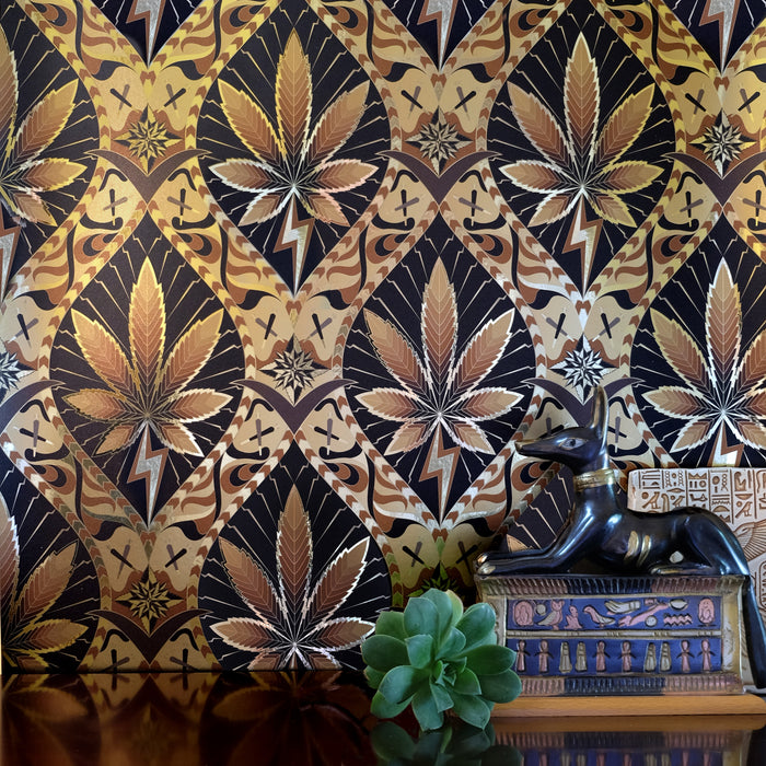 High Style 'High Baller' wallcovering behind an Egyptian Anubis statue and succulent.