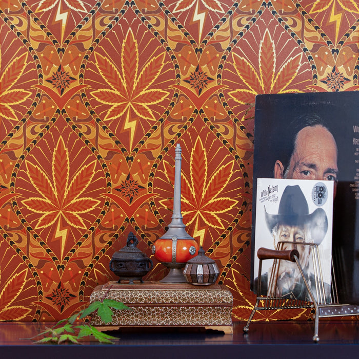 Eclectic decor and Willie Nelson albums styled against the ornate High Style 'High Class' wallcovering.