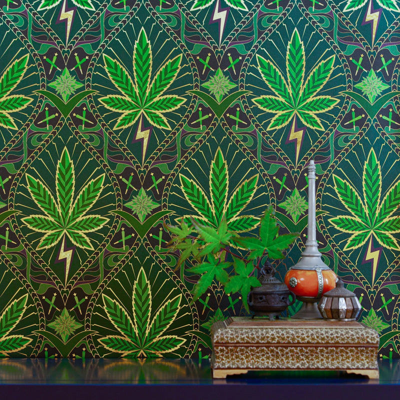 Ornate decor styled before High Style 'Royal Highness' wallcovering, shown with green and gold leaves.
