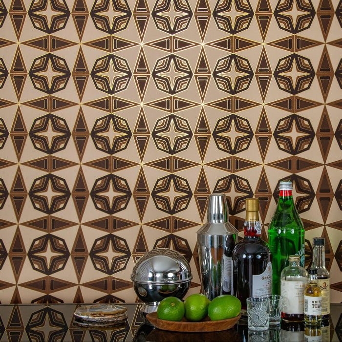 Home bar setup with cocktail supplies in front of Integratronic 'Desert' Wallcovering.