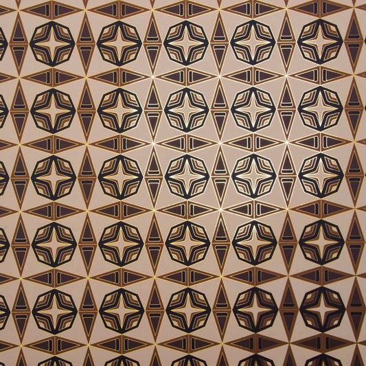 Integratronic Desert is a mid-century retro repeat geometric pattern featuring beiges and browns outlined in gold and digitally printed on gold mylar 
