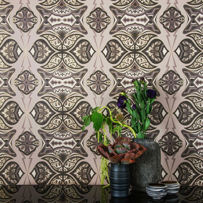 Ulu 'Dunes' Wallcovering in a neutral earth tone palette styled with modern floral arrangements.