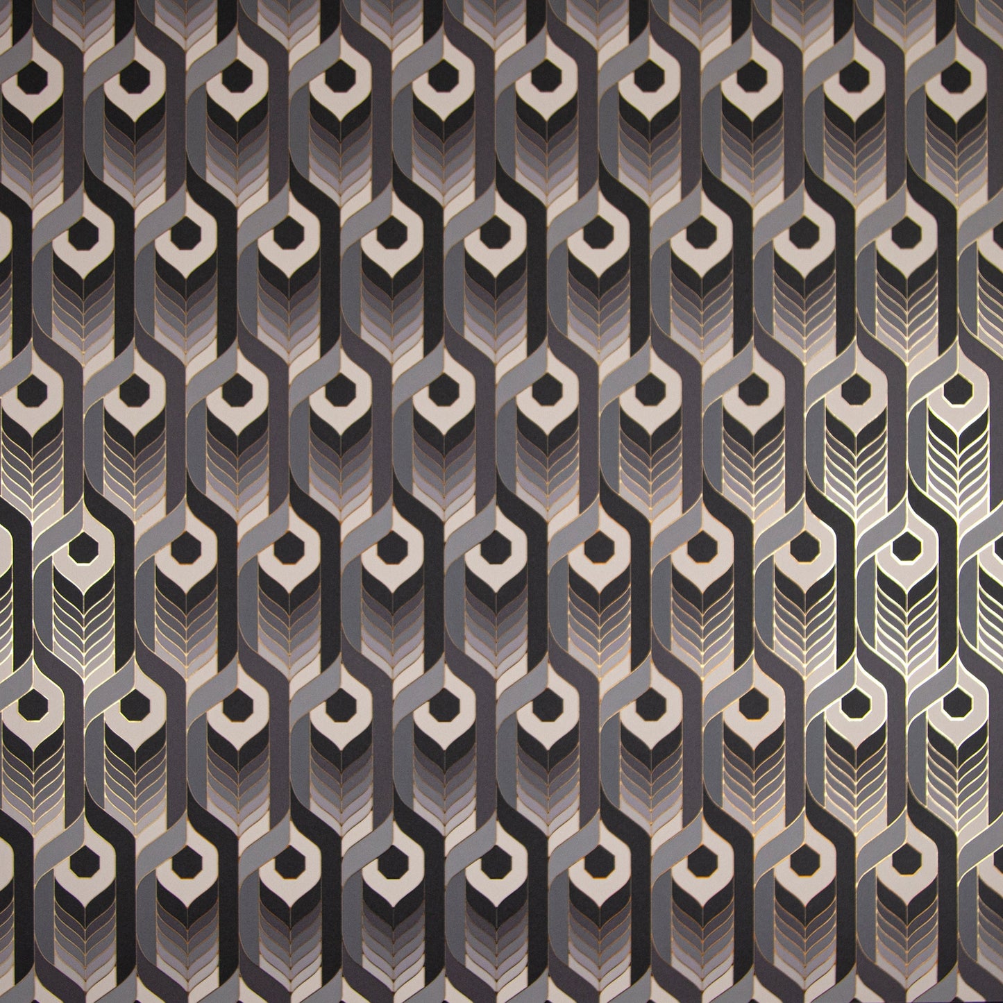 Neowise Classical is a repeat pattern wallpaper inspired by Neowise, a comet that flew over Newgrange in Ireland. Neowise Classical looks like a feather motif but is inspired by grain, and is black, an ombre of gray tones, white, outlined in gold, and printed on gold mylar