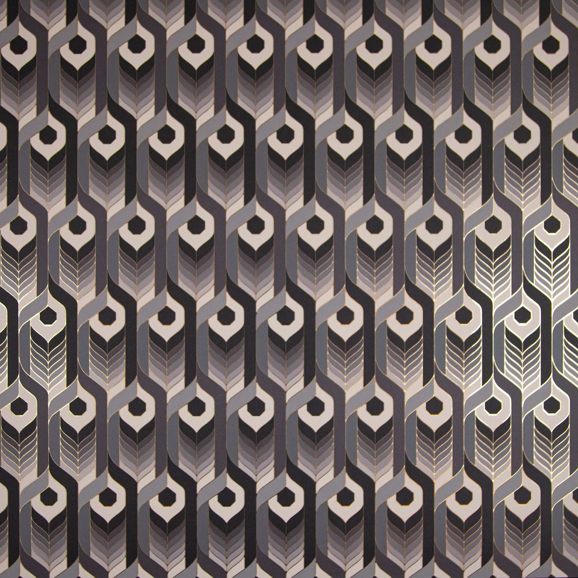 Neowise Classical is a repeat pattern wallpaper inspired by Neowise, a comet that flew over Newgrange in Ireland. Neowise Classical looks like a feather motif but is inspired by grain, and is black, an ombre of gray tones, white, outlined in gold, and printed on gold mylar