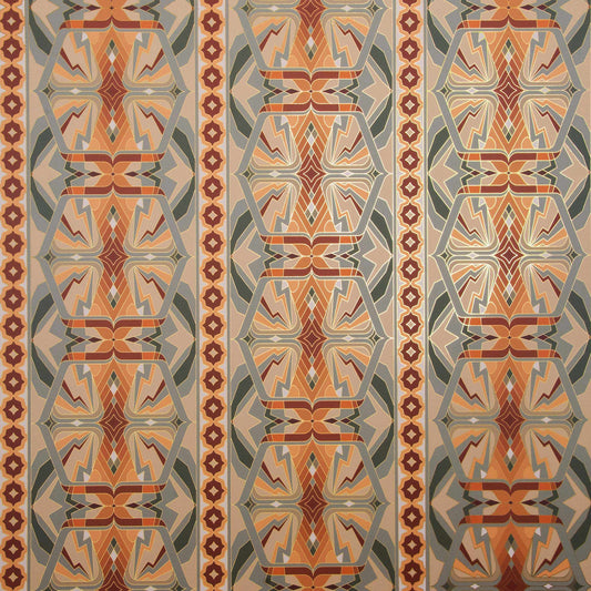  Sampa Terra is a riff of a classical vintage repeat linear geometric pattern wallpaper in earth tones, greens and oranges, with all shapes outlined in gold  digitally printed on gold mylar 