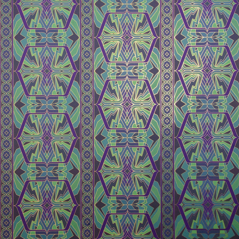 Sampa Undersea is a riff of a classical vintage repeat linear geometric pattern wallpaper in earth tones, blues and greens, with all shapes outlined in gold digitally printed on gold mylar 
