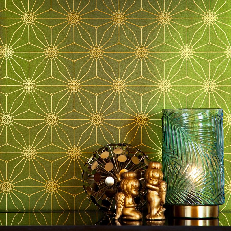 Star Guitar 'Magic Hour' Wallcovering styled with a green glass candle holder and golden cherubs.