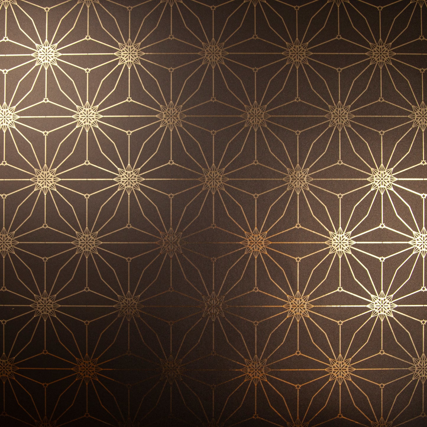 Star Guitar Night is a shimmering repeat moroccan inspired pattern and star motif linked together with a graphic thread in black digitally printed on gold mylar 
