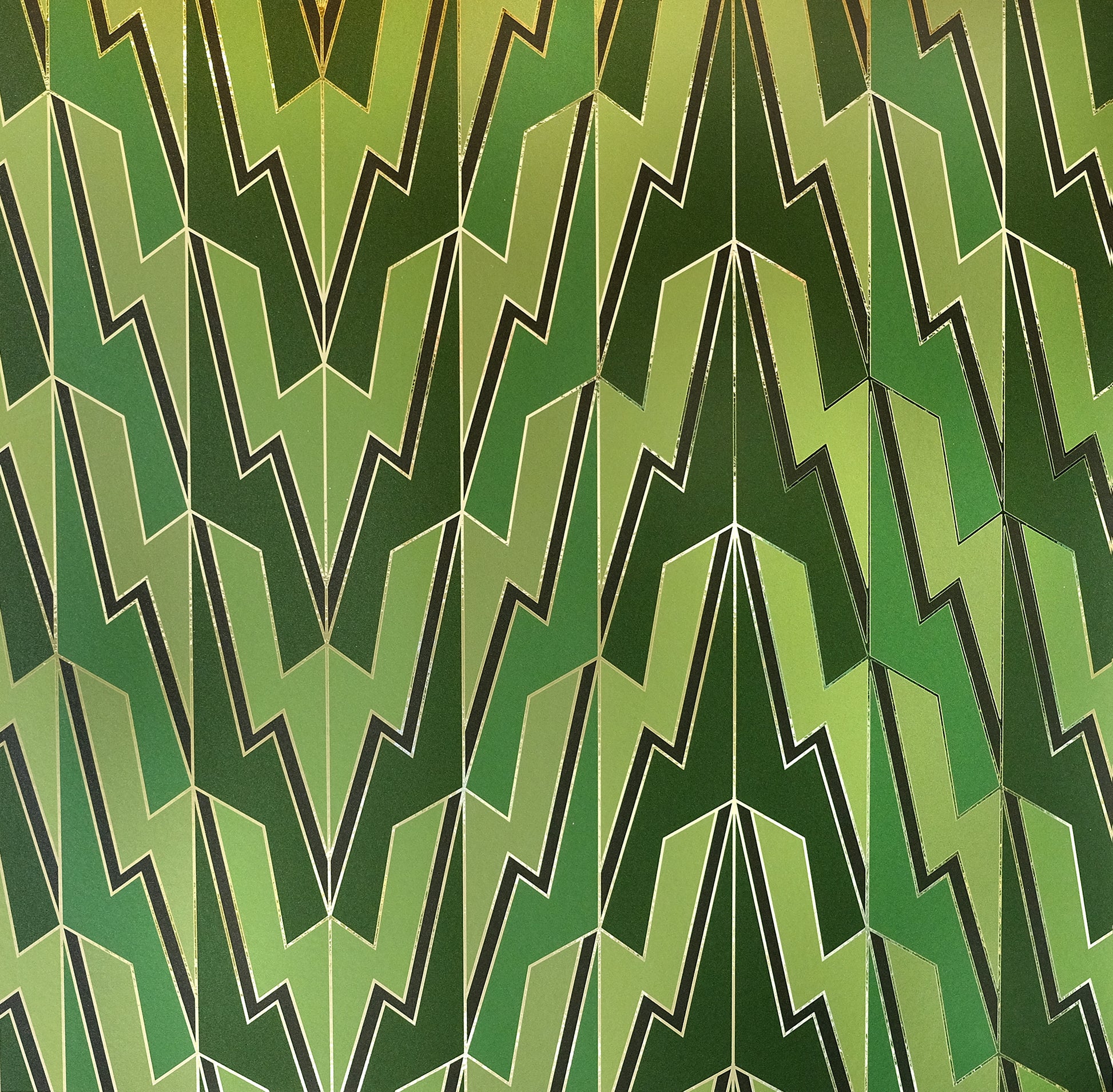 Greased Lightening Summer Storm is an art deco inspired gothamesque geometric repeat pattern wallpaper showcasing the lightning bolt, in various greens, outlined in gold and printed on gold mylar 