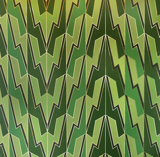 Greased Lightening Summer Storm is an art deco inspired gothamesque geometric repeat pattern wallpaper showcasing the lightning bolt, in various greens, outlined in gold and printed on gold mylar 