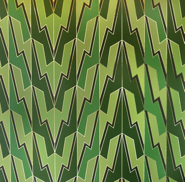 Greased Lightening Summer Storm is an art deco inspired gothamesque geometric repeat pattern wallpaper showcasing the lightning bolt, in various greens, outlined in gold and printed on gold mylar 