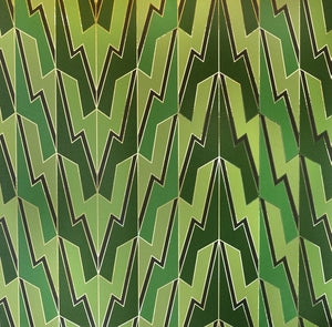 Greased Lightening Summer Storm is an art deco inspired gothamesque geometric repeat pattern wallpaper showcasing the lightning bolt, in various greens, outlined in gold and printed on gold mylar 