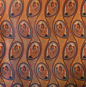 Peacock Nouveau Jackie Brown is a shimmering Celtic and Art Nouveau inspired maximalist repeat pattern wallpaper featuring peacocks and Celtic knot work in 70s retro browns, golds, and oranges, digitally printed on gold mylar